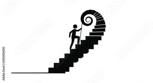Businessman climbing a spiral staircase visualizes the arduous journey toward professional success and the persistence required to overcome obstacles while ascending to new heights of career.