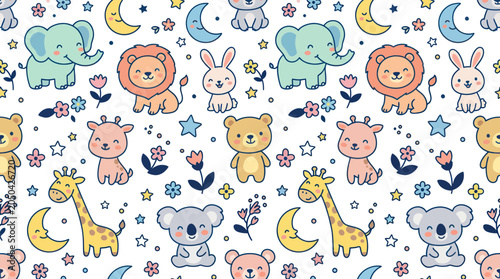Photography Cute Baby Animals Seamless Pattern: Elephants, Lions, Bears, Koalas, Giraffes, B