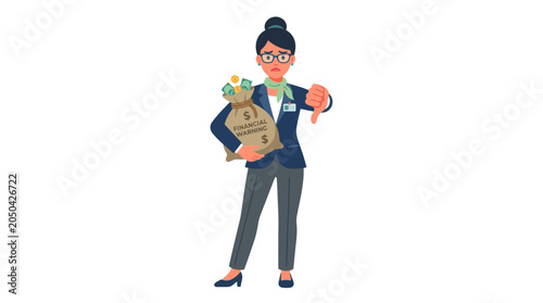 Disappointed Woman With Money Bag Giving Thumbs Down