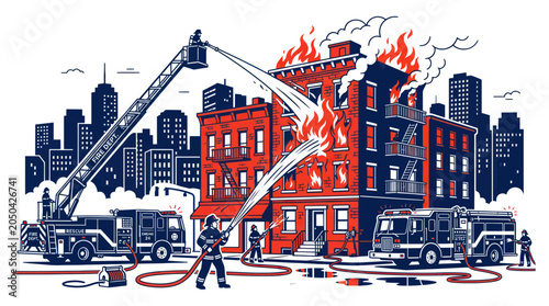 Tablou pe pânză Firefighters battling a building fire with ladder truck and water spray in city