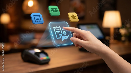 Modern hand touching futuristic holographic interface on POS payment terminal for digital billing and contactless transactions in restaurant setting.
