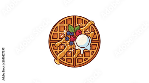 Canvas Print Fresh Belgian Waffle with Berries and Ice Cream Vector Illustration