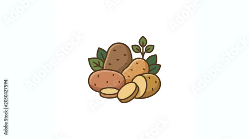 Fotografi Fresh Raw Potatoes with Leaves Illustration