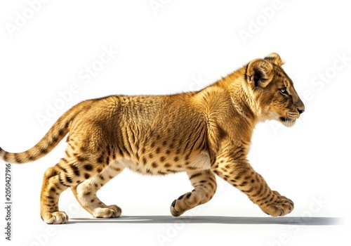 Young Lion Cub Walking Isolated on White Background - Side View of a Cute African Predator Baby