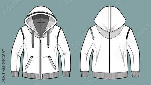 Schilderij op canvas White hoodie jacket with gray accents and drawstrings front and back view