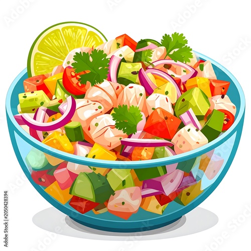 Colorful fruit salad in a blue bowl with mint garnish.