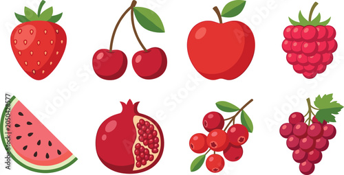 Fresh red fruit icon set vector illustration with strawberry cherry apple raspberry watermelon pomegranate cranberry and grapes