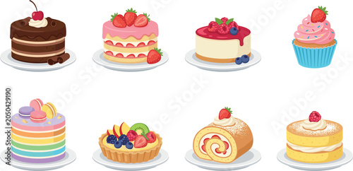 Tableau sur toile Assorted dessert vector illustration set with chocolate cake strawberry cake che