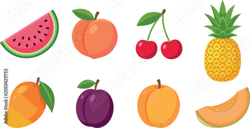 Tropical fruit icon set vector illustration with watermelon peach cherry pineapple mango plum apricot and melon flat style