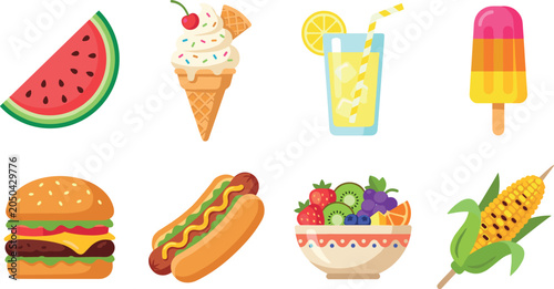 Summer fruit and dessert vector illustration set with watermelon ice cream lemonade popsicle burger hotdog and fruit bowl icons