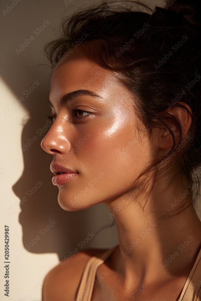 Naklejka premium Natural tanned skin, hydration skincare, spa, beauty makeup model profile