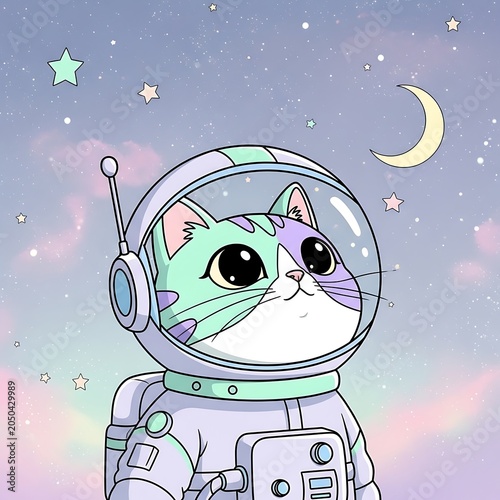 Astronaut Cat Gazing at the Moon in Space.