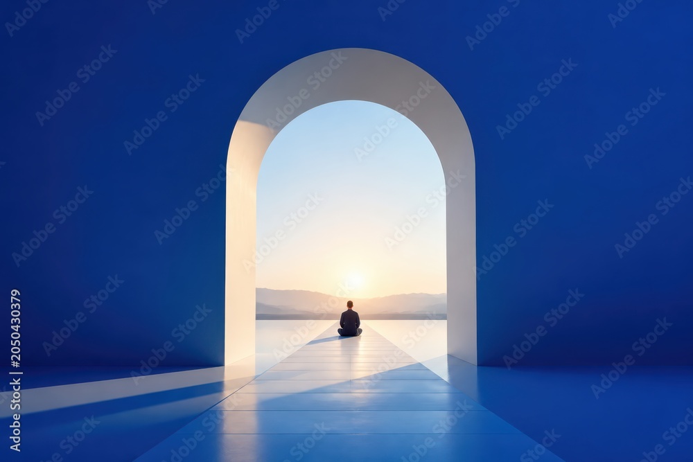Fototapeta premium Minimalist blue interior with arched doorway framing a meditating person at sunrise