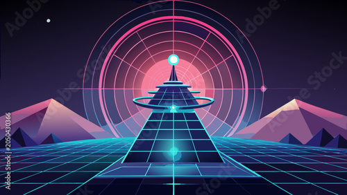Futuristic communication tower in cyberpunk style landscape with neon grids and mountains sci fi cyberpunk futuristic landscape technology communication abstract synthwave retrowave mountain