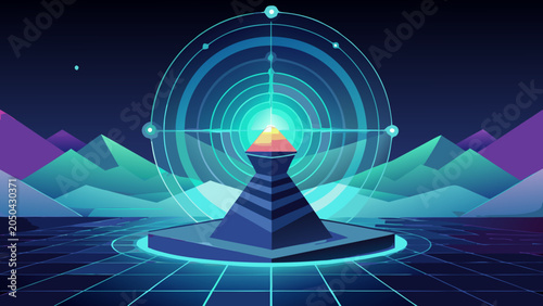 Abstract digital communication hub with glowing signal transmission ring and mountains sci fi technology abstract transmission landscape futuristic communication electronics environment