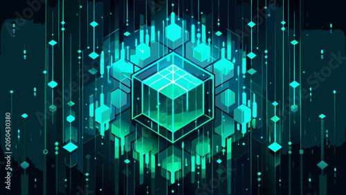 Abstract isometric digital cube with cascading data streams and glowing technology elements technology isometric abstract information futuristic illustration innovation aesthetic processing