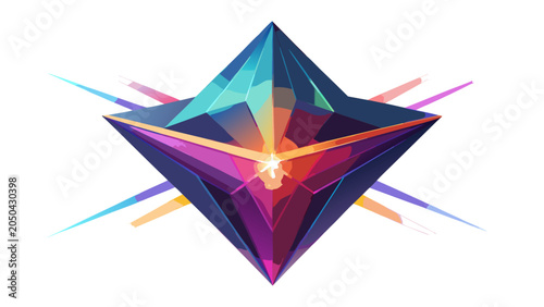 Geometric crystal star shape with prism facets and radiant light flare geometric gemstone abstract refraction reflection symmetry creative background decorative isolated precious spectral