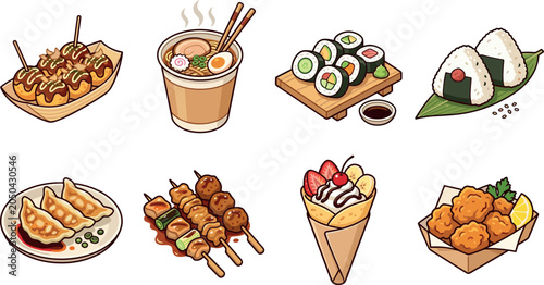 Colorful Flat Vector Illustration of Japanese Food Collection Including Takoyaki Ramen Sushi Onigiri Gyoza Yakitori Crepe and Karaage