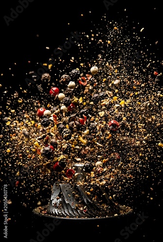 Dynamic explosion of mixed peppercorns and ground spices from a grinder