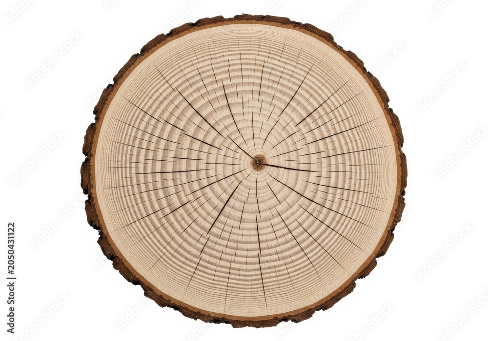 Fototapeta premium Cross Section of Tree Trunk Showing Growth Rings and Bark Texture Isolated on White Background