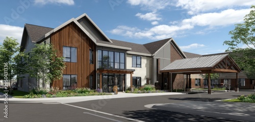 Modern senior living facility exterior with contemporary architectural design, featuring wooden accents, large glass windows, and a landscaped surrounding under a partly cloudy sky