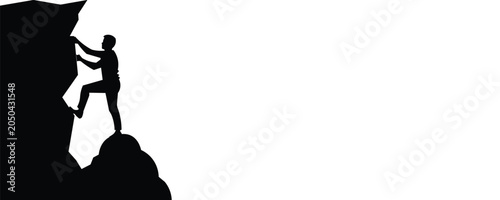 Fotografija Black silhouette of a man rock climbing on a craggy cliff isolated on a clean wh