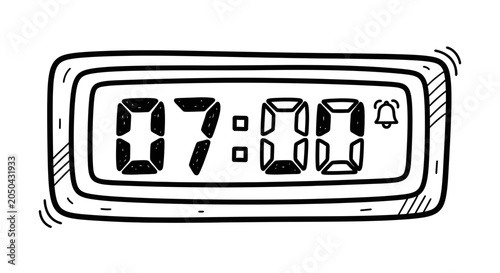 Digital Alarm Clock Showing 07:00 AM with Ringing Icon, Doodle Style