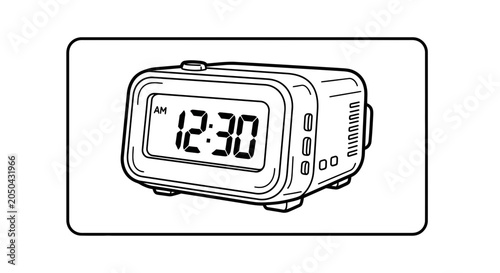 Digital Alarm Clock Displaying 12:30 AM, Black and White Line Art