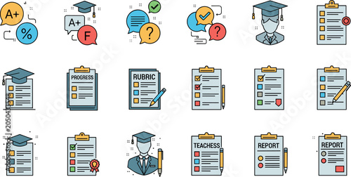 Fotografija Education Assessment Icon Set With Grades Rubric Checklist Progress Report And A