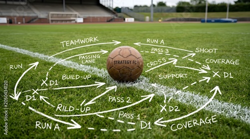 Soccer ball beside strategic diagrams on grass, emphasizing teamwork, coaching decisions, fifa tournament preparation, and world cup ambitions.