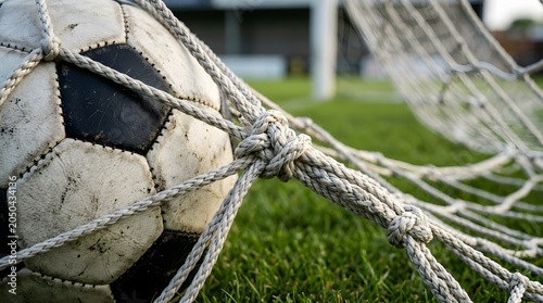 Soccer ball trapped in the goal net representing success, winning goals, championship celebrations, fifa tournament triumphs, and world cup glory.