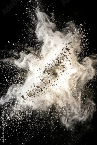 White powder and rock explosion isolated on black background