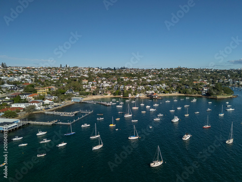 Watson's Bay is an exclusive waterfront suburb in Sydney, Australia popular for tourists. Aerial view on sunny day.