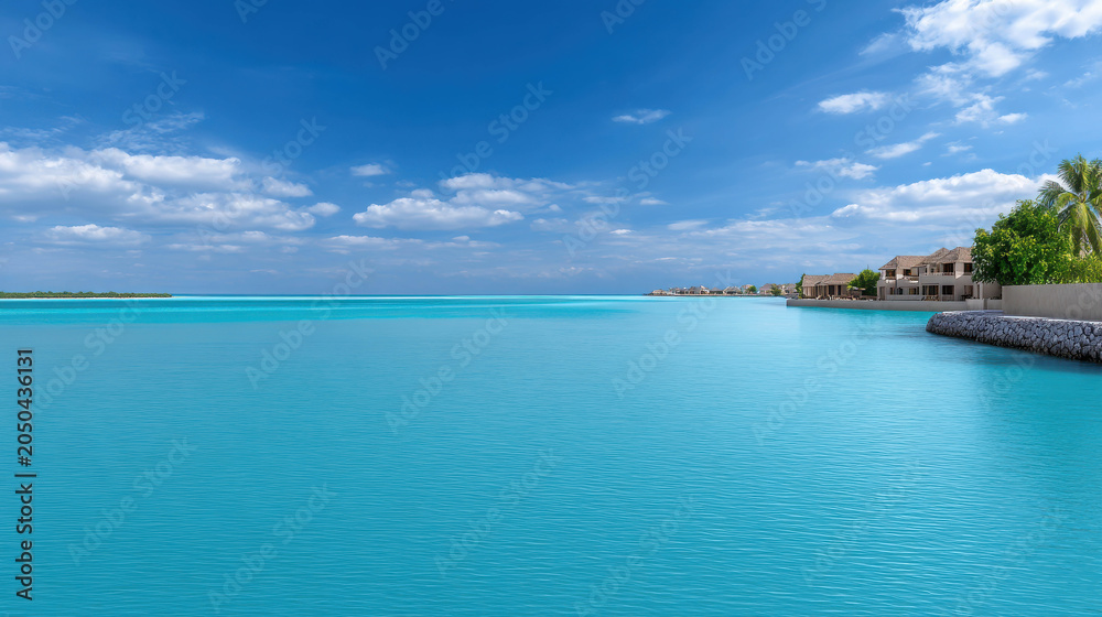 Fototapeta premium A serene canal with crystal clear turquoise water, lined with buildings and palm trees under a bright blue sky with fluffy clouds