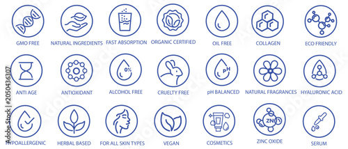 Canvastavla Organic, natural, vegan, cruelty free, collagen, anti age, antioxidant cosmetic editable stroke outline icons set isolated on white background flat vector illustration