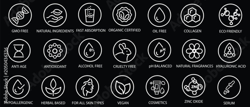 Foto Organic, natural, vegan, cruelty free, collagen, anti age, antioxidant cosmetic editable stroke outline icons set isolated on white background flat vector illustration