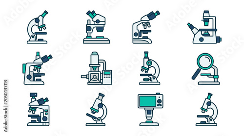 A collection of various scientific microscope icons on a white background