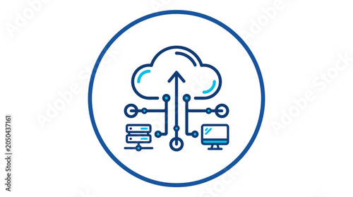 A blue line icon representing cloud computing and digital data network connectivity