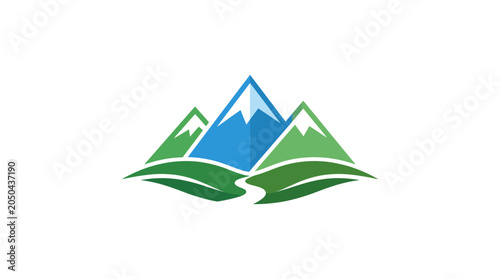 A minimalist vector illustration of stylized mountain peaks and green hills