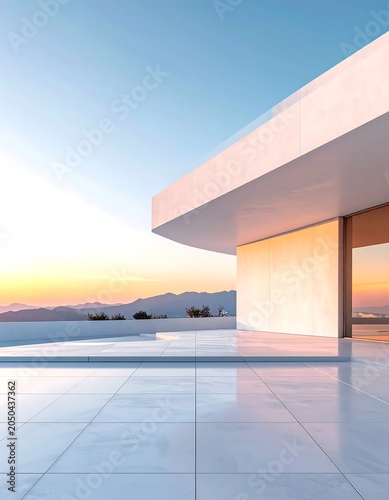 Modern minimalist white outdoor patio with pergola.