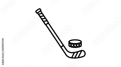 Photography Hockey Stick and Puck Icon - Simple Line Art Illustration