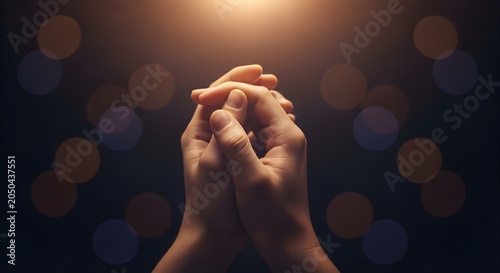 Hands clasped together in a gesture of prayer, bathed in warm light with soft bokeh background