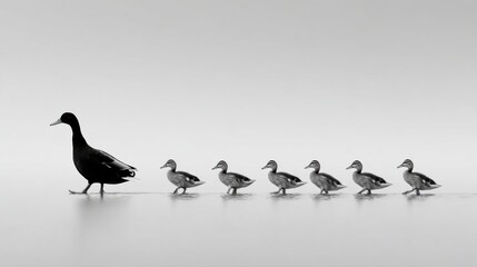 Black and White Duck Family Walking in Line on Calm Water Surface