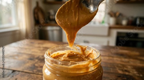 Creamy peanut butter in glass jar with wooden spoon on wooden table in warm kitchen light, smooth texture, natural homemade look