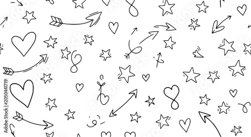 Seamless Hand Drawn Doodle Pattern with Hearts, Stars, and Arrows on White Background