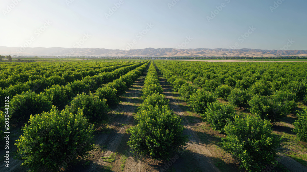 Naklejka premium An aerial view of a vast citrus orchard with rows of trees stretching to the horizon under a clear sky