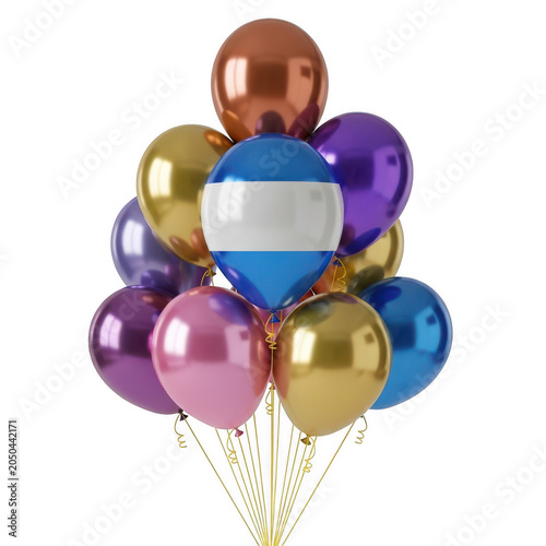 Cluster of colorful metallic balloons tied together with white ribbon