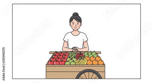 Young Woman Selling Fresh Fruits from a Cart at a Market Stall