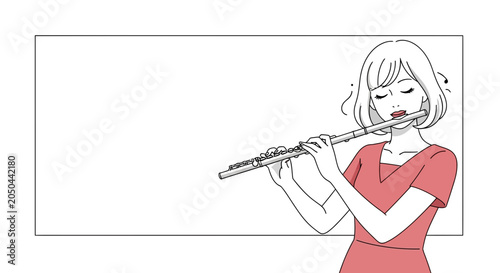 Young Woman Playing Flute with Musical Notes, Isolated on White Background