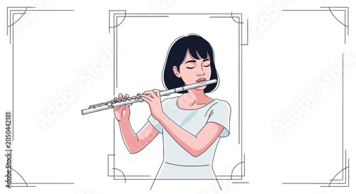 Young woman playing flute, classical music, elegant, artistic, isolated on white background